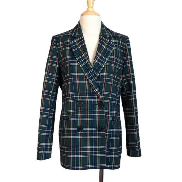 URBAN OUTFITTERS Women Small Green Heritage Print Double Breasted Blazer Jacket - Picture 1 of 10